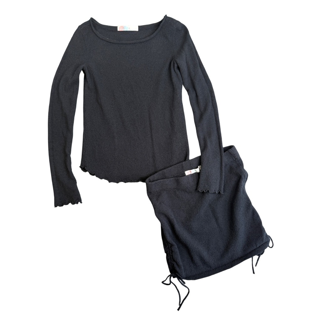Free People Beach Cabo Knit Ruched Mini Skirt Sweater Top Set S Black FP Beach
